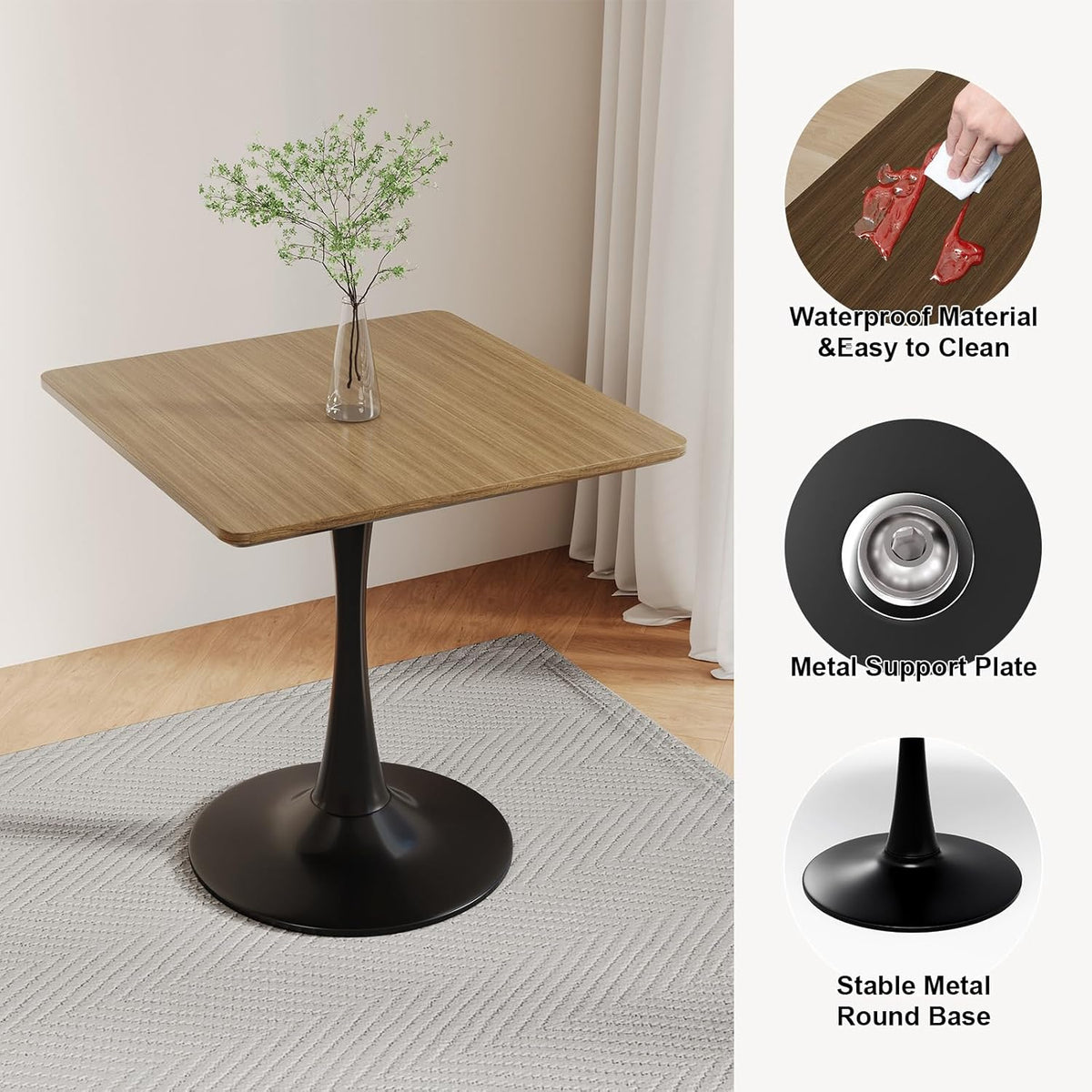 Walnut Square Tulip Table for 2, 24 Inch Small Dining Table with Metal Pedestal Base for Kitchen, Mid-Century Modern Table with Round Corners for Living Room, Cafe and Home Office