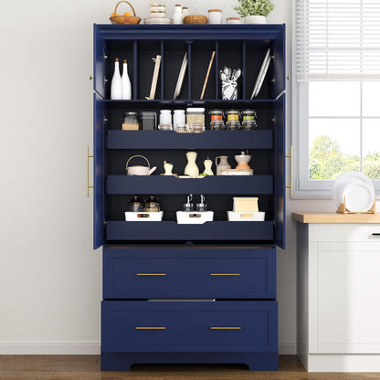 Polibi Farmhouse Freestanding Kitchen Pantry Cabinet, 40" Wide 4-Door Storage with Pull-Out Trays, Drawers & Cake Pan Organizer, Shaker Style in Blue