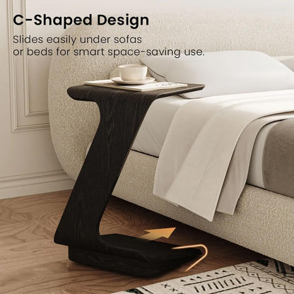 POVISON Modern C-Shaped Side Table Set with Wheels, 15" End Table for Small Spaces, Couch Tables that Slide Under, C Shaped Side Tables Living Room and Bedroom for Sofa, Bed,Chair,Black