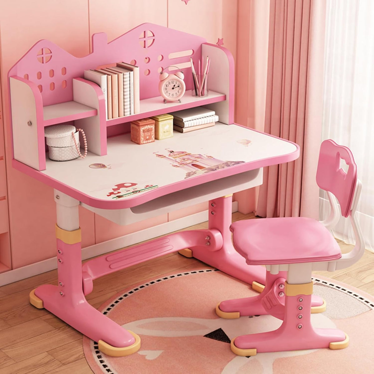 Honrane Kids Study Desk and Chair Set, Height Adjustable Kids School Desk, Cartoon Learning Desks, Kids Desk with Storage, Children Study Table with Storage, Castle Backboard, Bookshelf (Pink), Large