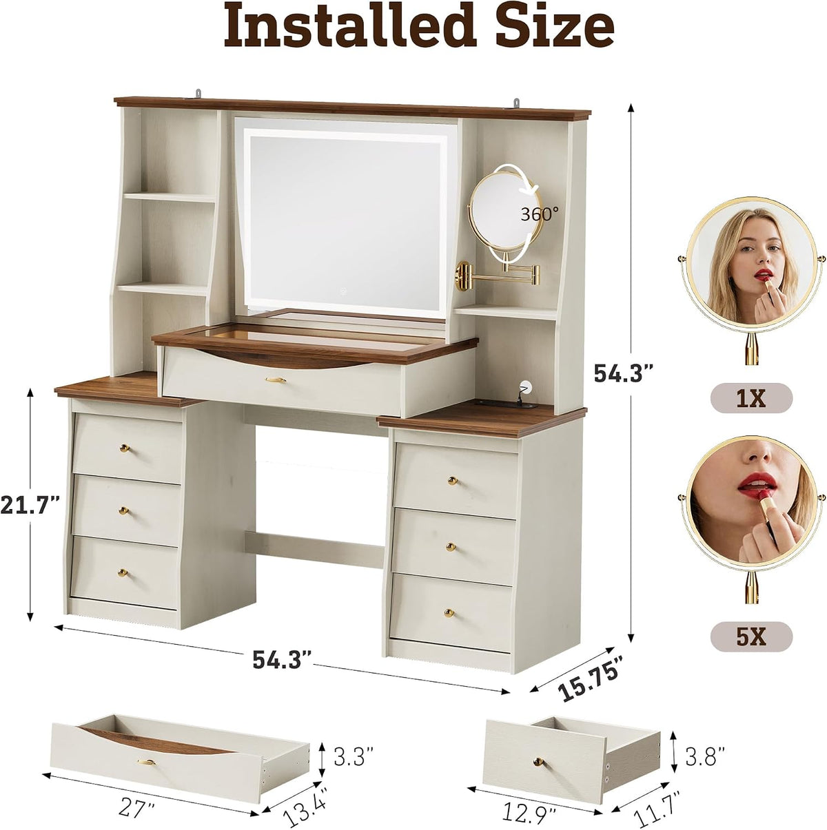 STO'SENSE Makeup Vanity Desk w/Mirror & Lights, 54" Large Vanity Table w/Glass Top, RGB Drawer, 𝐌𝐚𝐠𝐧𝐢𝐟𝐲𝐢𝐧𝐠 𝐌𝐢𝐫𝐫𝐨𝐫&Power Outlet,Make up Desk w/3 Shelves&7 Drawers,Dressing Table,White