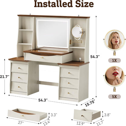 STO'SENSE Makeup Vanity Desk w/Mirror & Lights, 54" Large Vanity Table w/Glass Top, RGB Drawer, 𝐌𝐚𝐠𝐧𝐢𝐟𝐲𝐢𝐧𝐠 𝐌𝐢𝐫𝐫𝐨𝐫&Power Outlet,Make up Desk w/3 Shelves&7 Drawers,Dressing Table,White