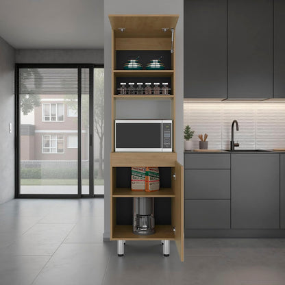Tuhome Austin Tall Freestanding Kitchen Pantry Cabinet, 76.8" Natural Oak Pantry Storage Cabinet with 5 Shelves, 2 Doors and Open Microwave Shelf for Coffee Station