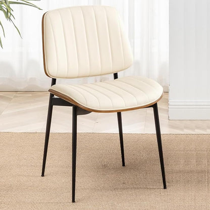 LUNLING Dining Room Chairs Mid Century Modern Retro Beige Faux Leather Chair with Walnut Bentwood Upholstered Seat Metal Legs Kitchen Chairs Adjustable Foot for Kitchen Dining Room,1PCS