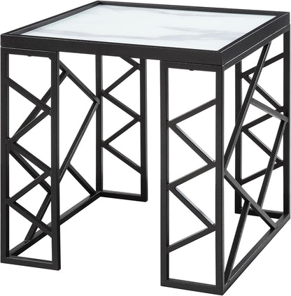 3pc Tables Set with Tempered Glass Top and Black Metal Frame | Includes 3-piece set with white marble-print tempered glass tops