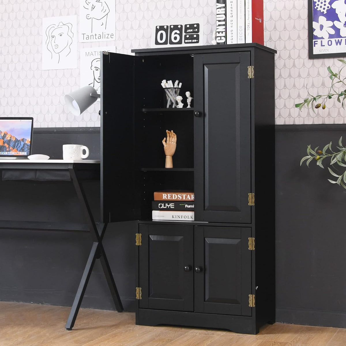 LOKO Kitchen Pantry Storage Cabinet, Modern Kitchen Cupboard with Adjustable Shelves and Anti-toppling Device, Multifunctional Floor Cabinet, 24 x 13 x 48.5 inches (Black)