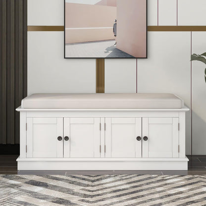 SOFTSEA 42.7" Shoe Bench with Padded Seat Cushion, 2-Tier Entryway Bench with 4 White Doors and Adjustable Shelves, Shoe Cabinet for Entryway, Bedroom, Living Room, White