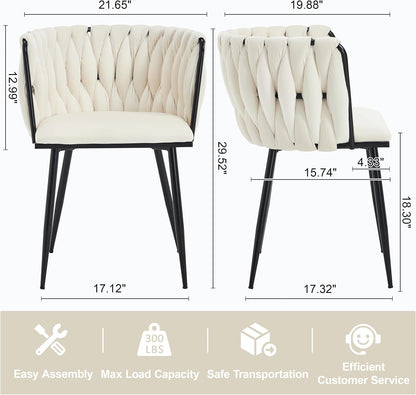 Velvet Dining Chairs Set of 4 with Black Metal Legs,White | Modern Accent Chairs with Upholstered, Woven Backrest, for Living Room, Dining Room, Kitchen,Easy and Quick Assembly
