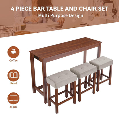59" Dining Bar Table Set with Power Outlet, Behind Couch Sofa Table with 3 Padded Stools, 4 Piece Bar Table and Chairs Set for Living Room, Dining Room, Cherry