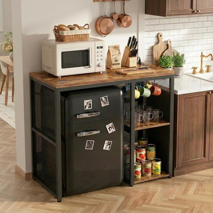 Homieasy Mini Fridge Cabinet with Power Outlet, Rustic Brown | Coffee Bar Cabinet with Mini Fridge Space, Industrial Liquor Cabinet with Wine Storage & Glass Holder for Dorm, Living Room