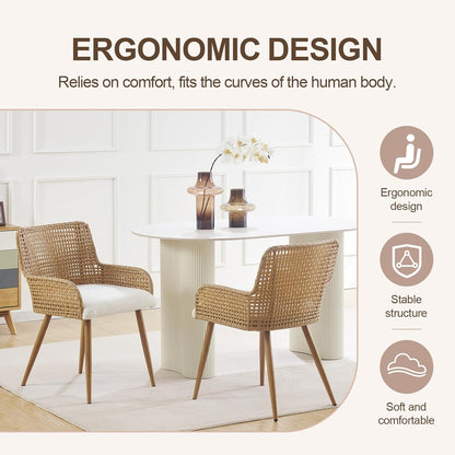 Rattan Dining Chairs Set of 2,Modern Dining Room Chairs with Upholstered Cushion and Metal Legs,Rattan Kitchen Chairs,Brown