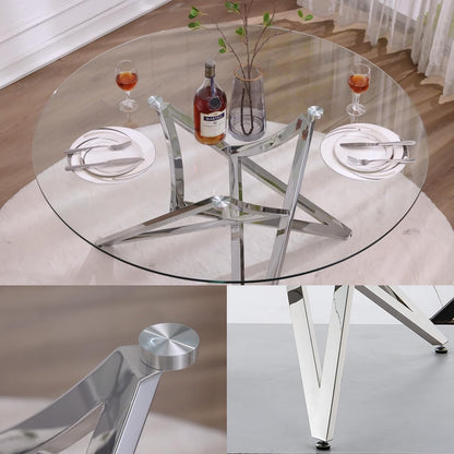 Glass Round Dining Table, 47.2" Modern Round Table with Silver Mirrored Geometric Legs, Gorgeous Clear Circle Table for Kitchen Dining Room, Apartment, Small Spaces