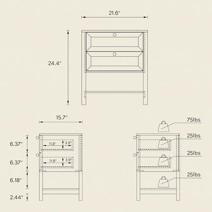 End Table with 2 Drawers, Farmhouse Nightstand with Open Shelf, Modern Bedside Cabinet Side Table Night Stand for Bedroom, Living Room, Natural Oak