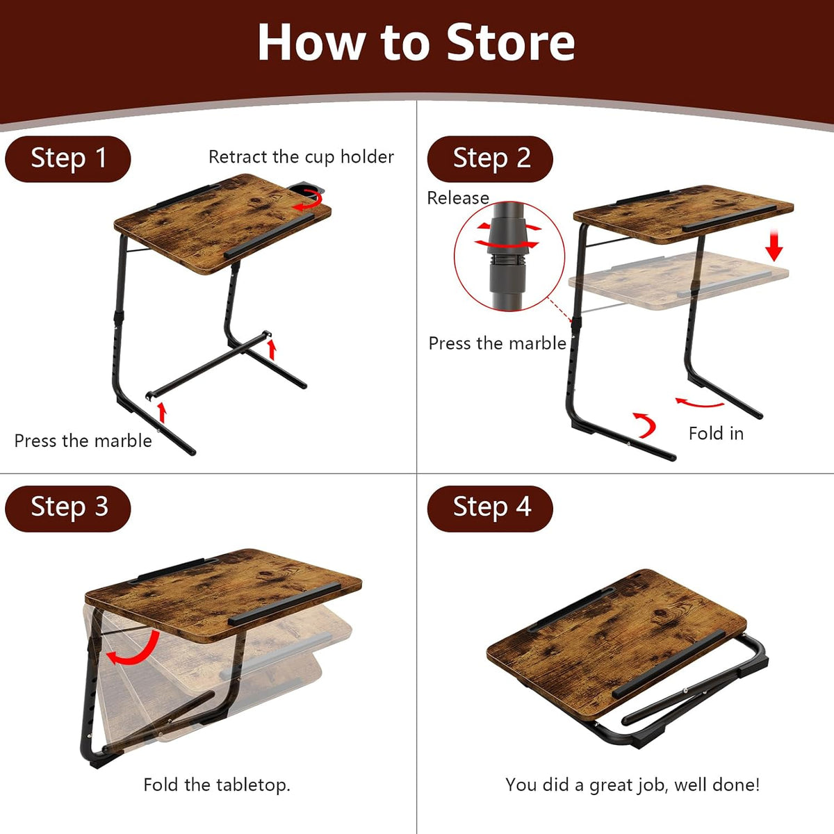 Folding TV Tray Adjustable Dinner - Trays for Eating On Couch Wooden Tables Mate Stand Foldable Desk with Cup Holder Portable