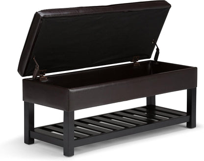 SIMPLIHOME Cosmopolitan 44" Wide Vegan Leather Storage Ottoman in Brown | Tanners brown, transitional storage ottoman bench with tufted lift-top and open shelf; rectangle footstool or footrest.
