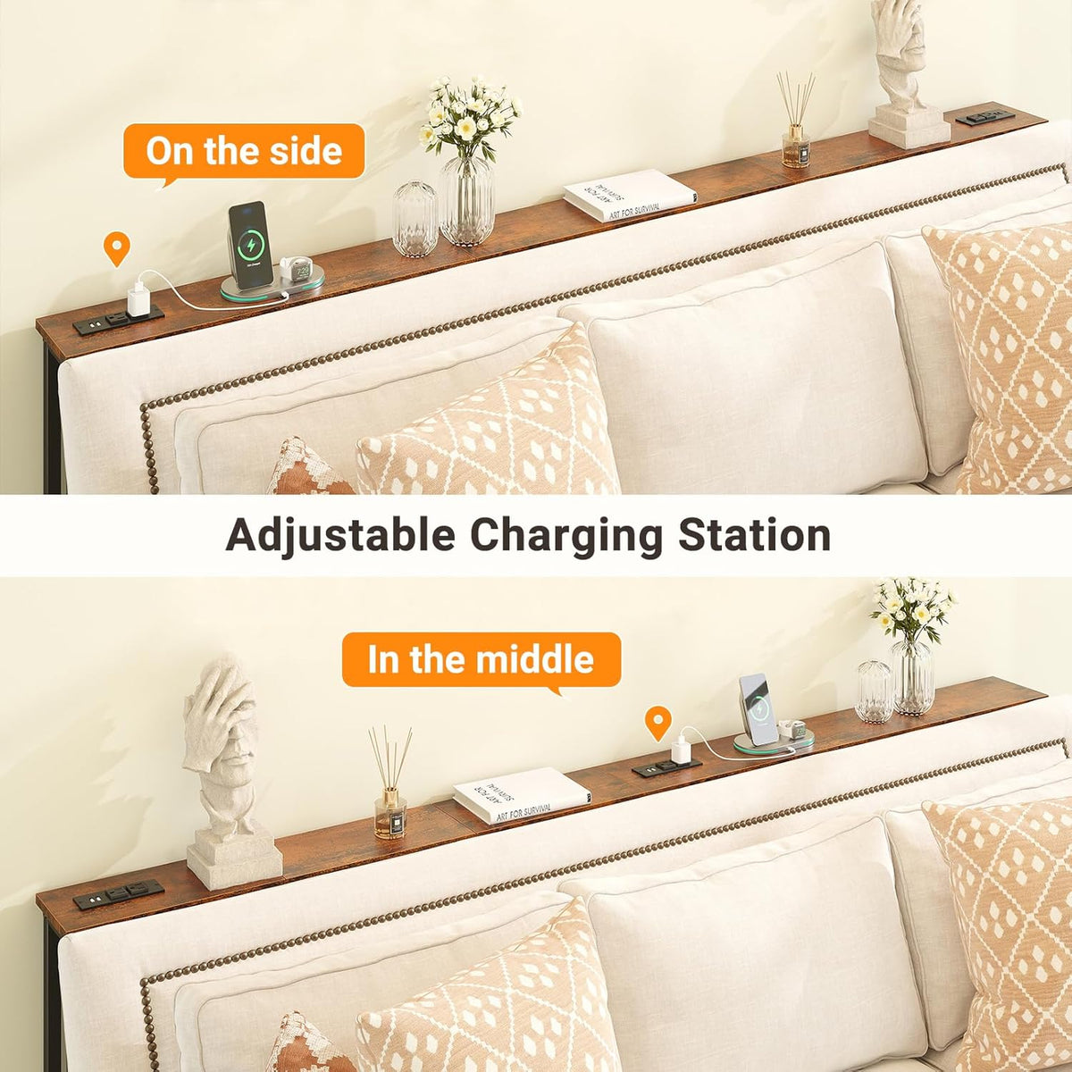 ELYKEN 94.5" Narrow Console Sofa Table with Power Outlet, 5.9'' Behind Couch Table with Charging Station, Long Entryway Tables for Living Room, Hallway, Rustic Brown