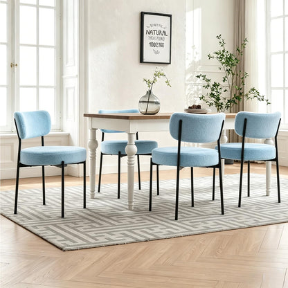 Blue Boucle Dining Chairs Set of 2, Mid Century Modern Dining Room Chair with Curved Backrest & Metal Legs, Round Upholstered Dining Chairs for Kitchen, Living Room