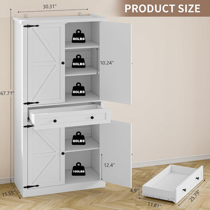 BORNOON Pantry Organizers and Storage Cabinet, 67.7” Barn Door White Kitchen Cabinet with Drawers and Adjustable Shelf, Tall Pantry for Kitchen, Dining Room, Living Room