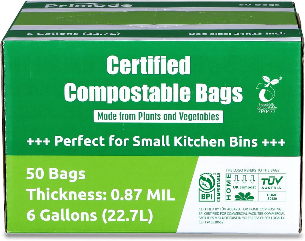 Primode Compostable Bags 6 Gallon Food Scraps Yard Waste Bags, 50 Count, Extra Thick 0.87 Mil. ASTMD6400 Compost Bags Small Kitchen Trash Bags, Certified By BPI And TÜV AUSTRIA