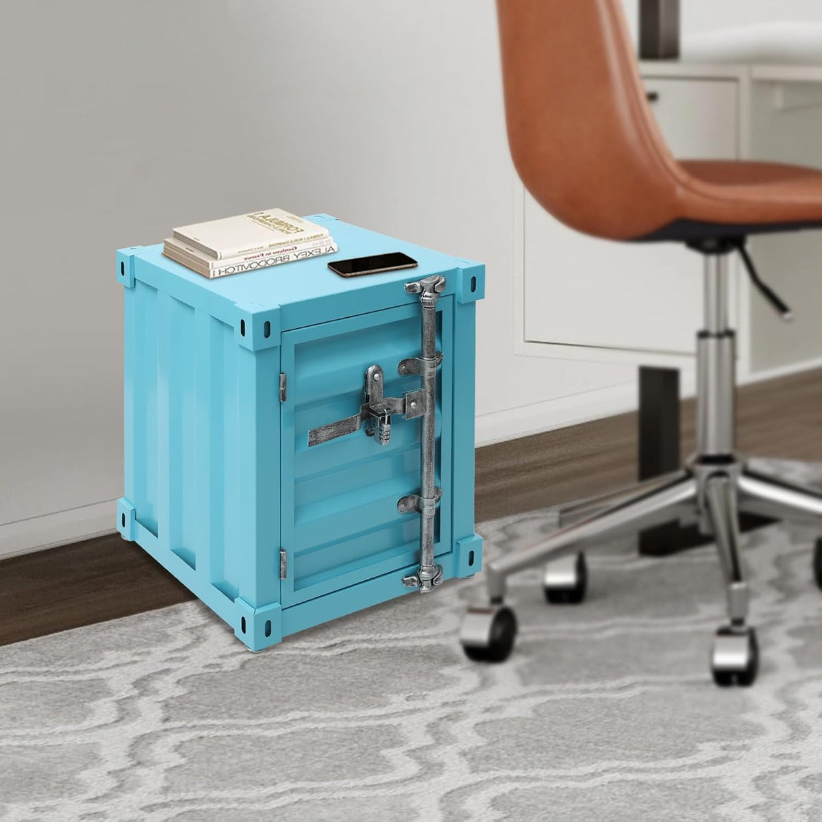 Side Table, Industrial Wind Container Cabinet Iron Bedside Table Vintage Container Design Cabinet with Combination Lock for Bedroom, Living Room, Garage, Bar (Blue)