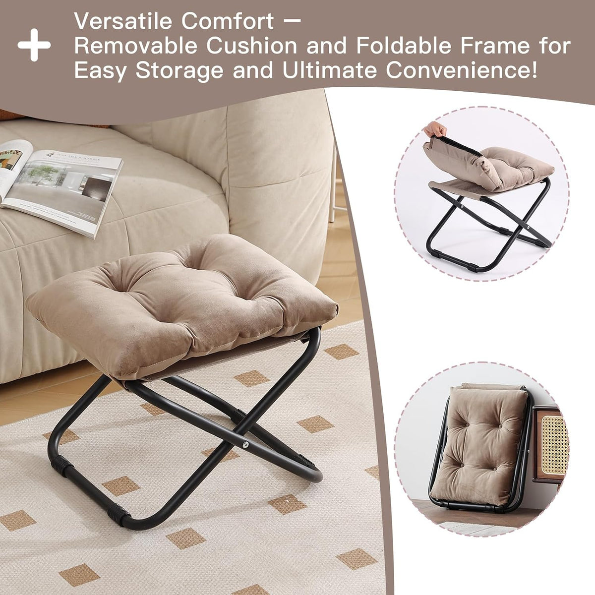 LITA Folding Footrest Stool, Portable Ottoman Foot Rest, Upholstered Small Foldable Ottoman Stool with Detachable Thick Cotton Cushion Padded Sofa Stool for Living Room, Bedroom, Khaki