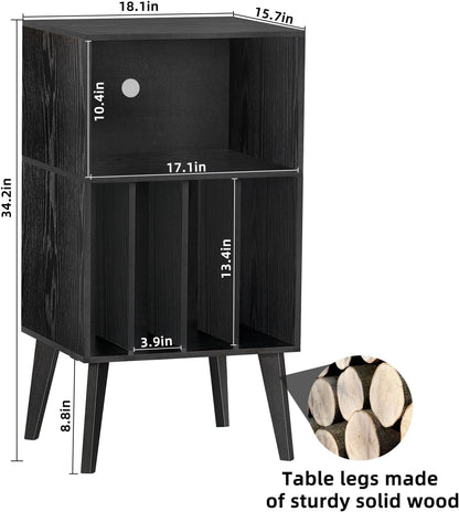 Lerliuo Record Player Stand, Black Turntable Stand Holds up to 160 Albums | Mid-Century Vinyl Storage Cabinet Table,Solid Wood Legs, Record Player Holder Dispaly Shelf for Bedroom Living Room
