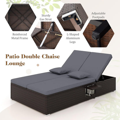 Tangkula Outdoor Rattan Daybed with 6-Level Adjustable Backrests, 2-Person Adjustable Wicker Recliner Bed with Cushions & Folding Side Trays, Double Sunbed Lounger for Balcony, Backyard & Poolside