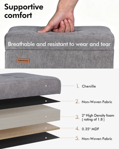 ABHENG Steel Frame Small Ottoman with Storage Footrest Gray UASND70G | 12.2" D x 16.1" W x 17.7" H, Hold 660 lbs, 48L Storage Capacity, Breathable Chenille, Removable Lid, for Dorm Living Room
