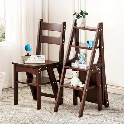 Solid Wood 3-in-1 Folding Ladder Chair, Convertible Step Stool & Display Rack, 4-Tier Multi-Functional Ladder, Dual Purpose for Home, Kitchen, Library, 265 lbs Capacity (Walnut Color, 13 x 18 x 35 in)