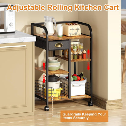 keomaisyto Microwave Cart with Storage, Kitchen Island Cart with Table Top & Drawer, 3 Tier Rolling Utility Cart with Adjustable 2 Storage Shelves, Coffee Bar Shelf for Kitchen/Dining/Living Room
