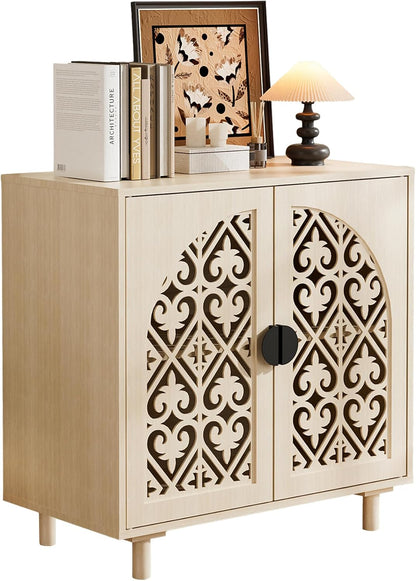 Decorative Storage Cabinet Sideboard with Hollow Carved Panels, 2 Doors, Natural Wood, 29.8 x 31.6 x 15.8 Inches. [Beige, 1pc]