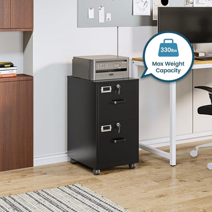 MIIIKO 2 Drawer File Cabinet with Lock, Vertical Metal Filing Cabinets for Home Office, Lockable Storage File Cabinets Under Desk, A4/Letter File Folders(Black)-Assembly Required
