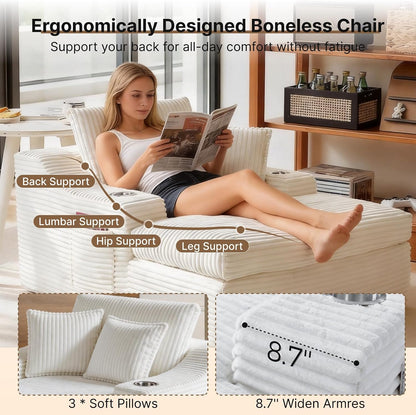 Oversized Chaise Lounge Chair Indoor, Upholstered Sleeper Sofa Bed | Couch with Cup Holders & 2 Pillows, Deep Seat Corduroy Cloud Sofa for Living Room, No Assembly Reading Chair, White