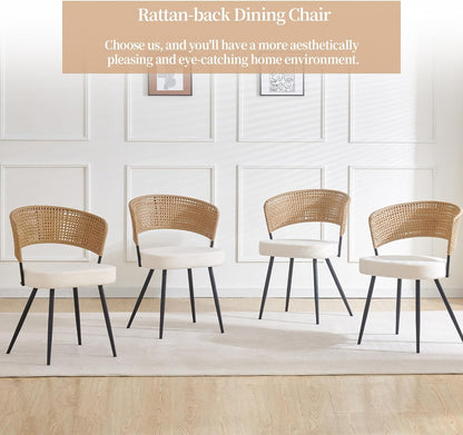 Rattan Dining Chairs Set of 4, Wing Back Dining Chairs Set of 4, PE Wicker Chairs, Cane Back Kitchen Chair with Boucle Cushion,Boucle Seat with Metal Legs for Kitchen, Bedroom