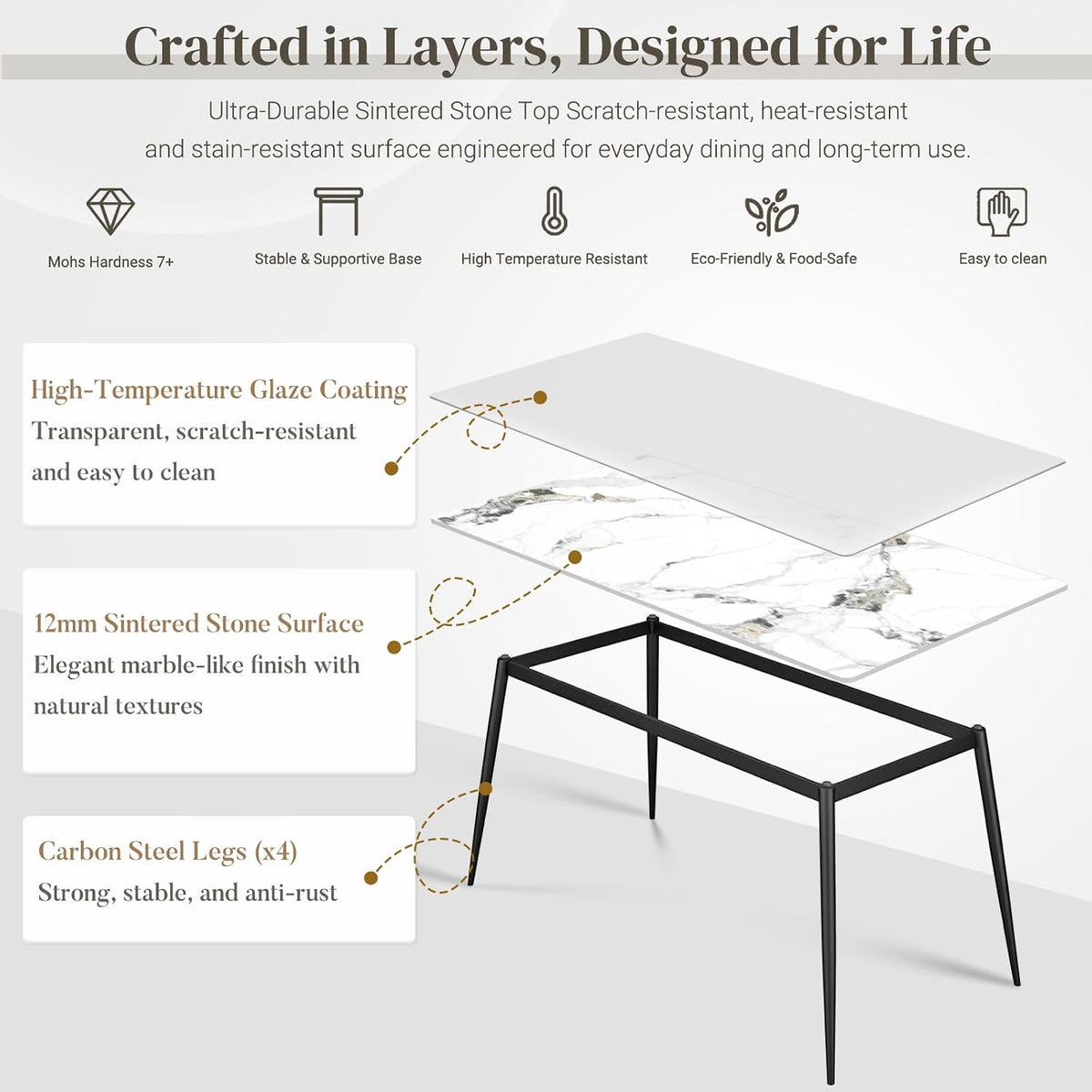 63" Sintered Stone Dining Table, Modern Rectangular Kitchen Table with Carbon Steel Legs for 4-6 Seat, Scratch Heat and Stain Resistant for Dining Room/Restaurant (White w/Black Gold Vein)