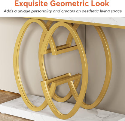 Tribesigns 55 Inch Console Table for Hallway, Faux Marble Gold Entryway Table with Geometric Metal Base, Modern Narrow Sofa Accent Table for Entrance, Living Room, Foyer (White & Gold)
