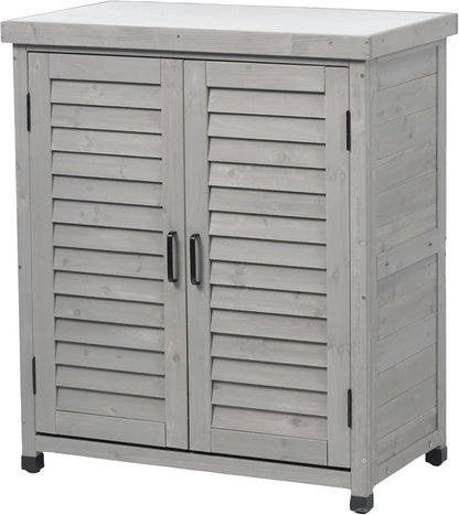 32" Solid Wood Storage Cabinet, Sideboard Cabinets with Metal Table Top, Living Room Organizer with Louvered Ventilation for Outdoor Patios, Grey