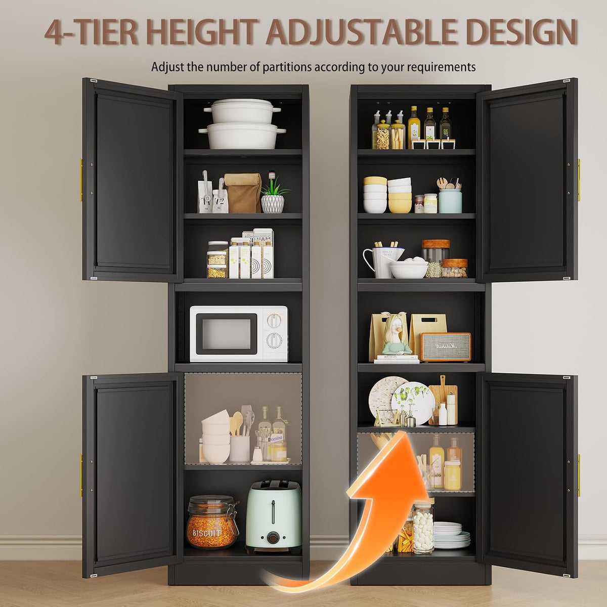 Kitchen Pantry Storage Cabinet,66.9" Tall Metal Storage Cabinet with 2 Door and 4 Adjustable Shelves.Freestanding Cupboard for Dining Room Living Room and Office.(Black)