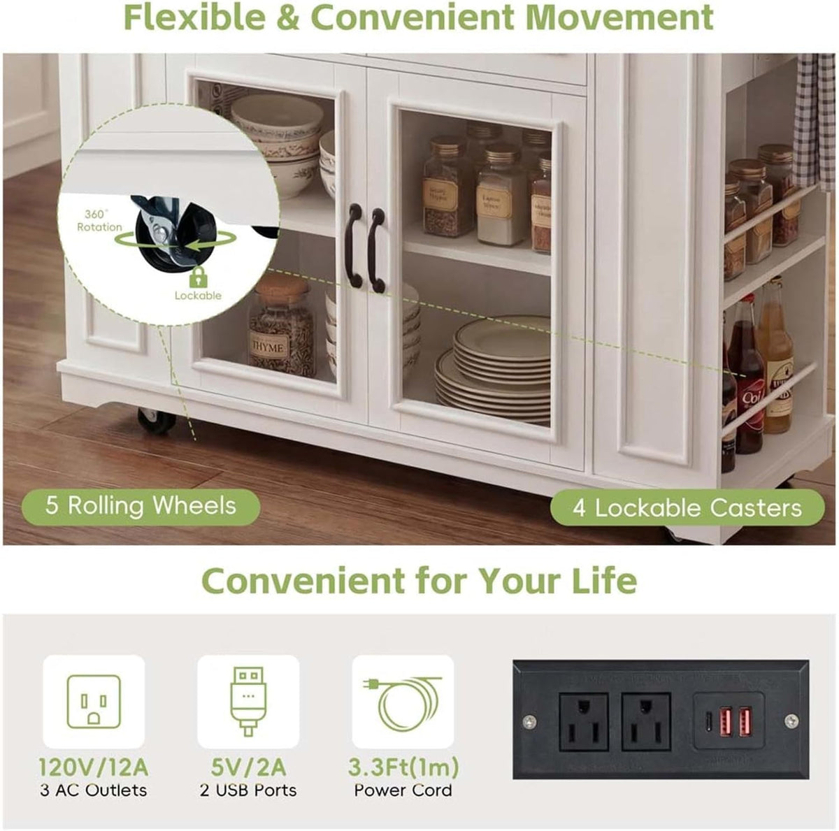 Movable Kitchen Island with Internal Storage Rack, Power Outlet and Open Shelves, Stationary Kitchen Storage Islands with Knife Holder, for Kitchen, Dining
