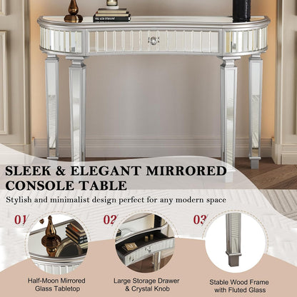 Half-Moon Mirrored Sofa Table with Storage, Semi Circle Entryway Console Table with Fluted Glass & Crystal Knob Drawer,Modern Sofa Table Behind Couch for Living/Dressing Room,Hallway Foyer, Silver