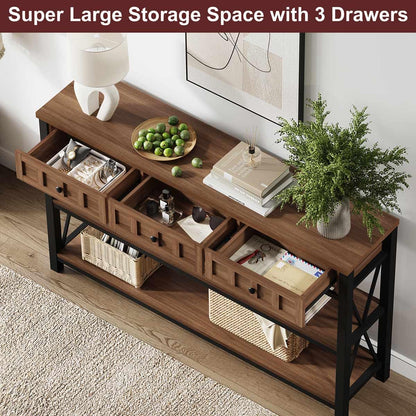 FATORRI Console Table for Entryway, Farmhouse Sofa Table with 3 Drawers for Living Room, Wood and Metal Hallway Tables with Storage and Couch Tables Behind Sofa (54.72 Inch Long, Medium Walnut)