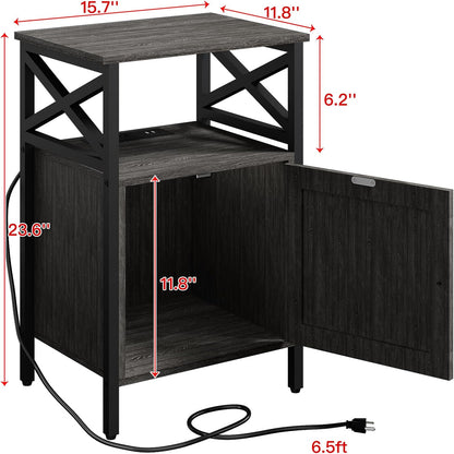 End Table Set of 2 with Charging Station, Side Table with Power Outlet & USB Ports, Nightstand with 2 Tiers Storage Space and Storage Cabinet, Sofa Side Tables for Bedroom, Living Room,Office, Grey