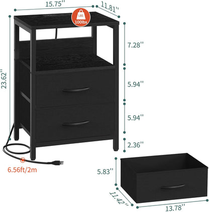 Yoobure Nightstand with Charging Station, LED Night Stand with Fabric Drawers and Storage Shelf for Bedroom, Nightstands Bedside Tables with USB Ports & Outlets, Small Night Stands, Bed Side Table
