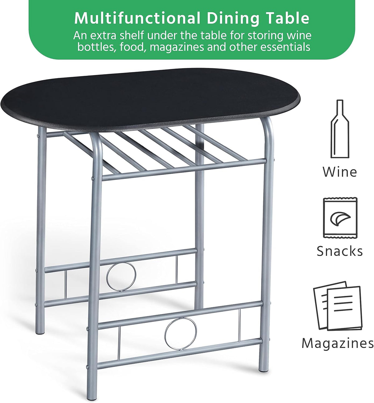 Yaheetech 3-Piece Dining Room Table Set, Kitchen Table & Chair Sets for 2, Compact Table Set w/Steel Legs, Built-in Wine Rack for Breakfast Nook, Small Space, Apartment, Black, 31.5x21x29" (LxWxH)