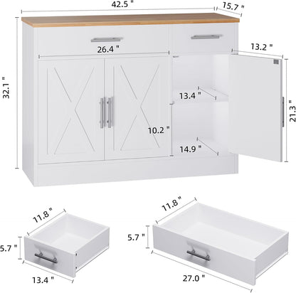 Shintenchi Modern Farmhouse Sideboard Buffet Cabinet with Storage with 3 Doors,42" Barn Doors Buffet Cabinet with Storage, Wood Coffee Bar Cabinets with Adjustable Shelf for Kitchen Living Room,White