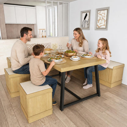 XIAO WEI Corner Dining Table Set, 6-Piece Breakfast Nook Dining Set with Storage Bench and Stools, 47" Banquette Seating for Small Space, Apartment Kitchen & Dining Room, Natural Wood