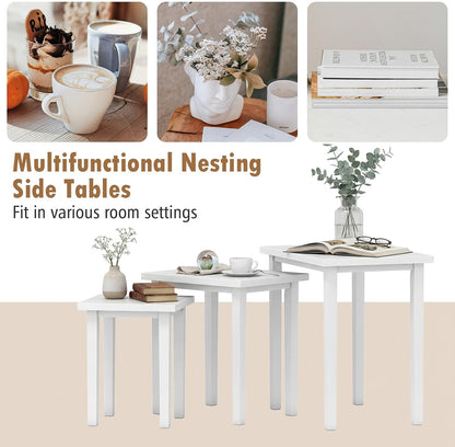 Giantex Nesting Tables Set of 3, Farmhouse Stacking Side Table with Rubber Legs, Wooden Rectangle Accent End Table, Nesting Coffee Tables for Living Room Bedroom (White)