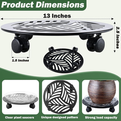 1 Packs Large Metal Plant Caddy with PU Wheels 13" Heavy-Duty Wrought Iron Rolling Plant Stands Indoor Outdoor Wheeled Plant Dolly Planter Mover Rollers Plant, Leaf Style