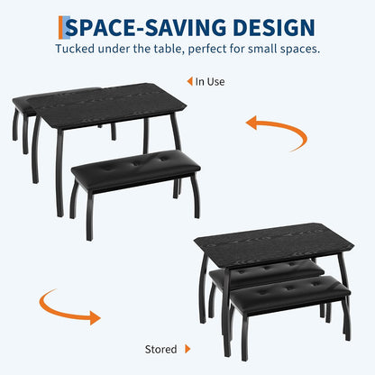 GAOMON Dining Table Set for 4, 3-Piece Wooden Kitchen Table with 2 Upholstered Benches, Space-Saving Dinette Set for Restaurant, Studio, Dining Room, Home Kitchen, Gray (Black, 2 Chairs)