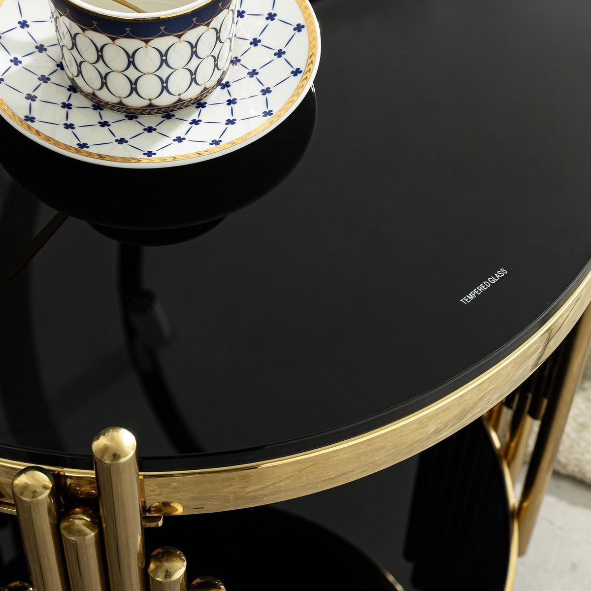 17.72" Round Sofa Side Table, 2-Tier Black Tempered Glass End Table with Gold Stainless Steel Frame for Living Room, Office & Café